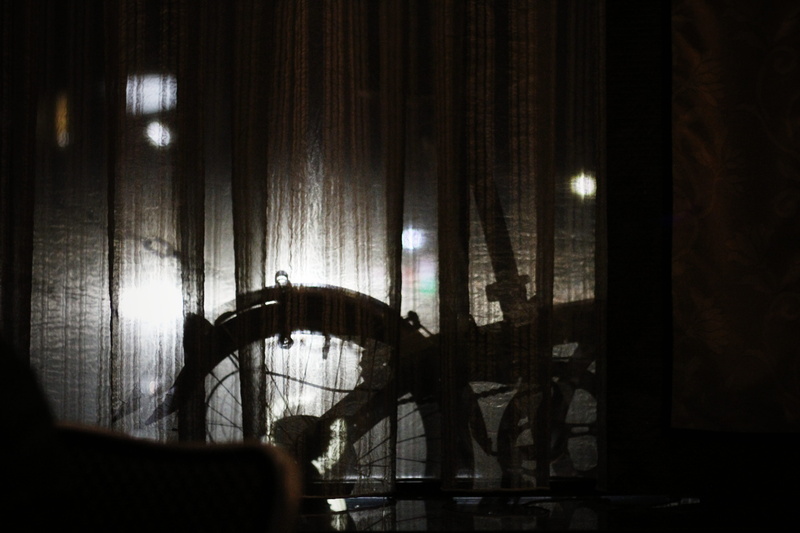 dark, illuminated, furniture, night, music, indoors, musical instrument, lighting equipment, curtain, silhouette, performance, window, shadows, light, no people