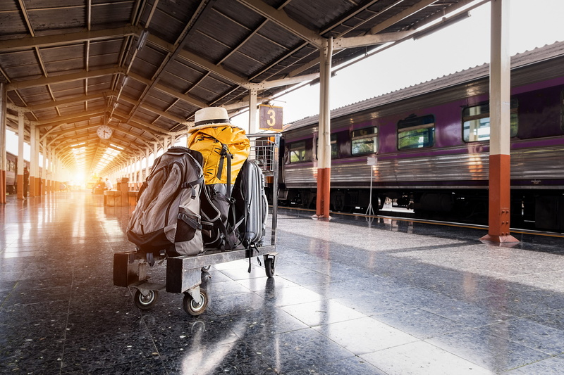 railway, architecture, rear view, train station, motion, adult, trolley, rail transportation, two people, people, suitcase, railroad track, near, transportation