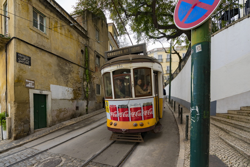 trolley, lisbon tram, built structure, cable car, architecture, railroad track, footpath, outdoors, street, public transportation, streetcar, land vehicle