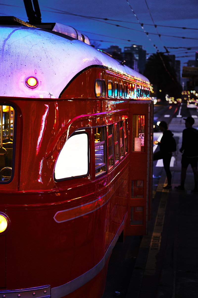 public transit, the castro, night time, transportation, travel, headlight, outdoors, san francisco, glass - material, red train, rail transportation, united states