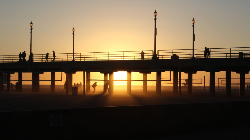 orange color, built structure, nature, street, street light, huntington beach, men, silhouette, evening, bridge - man made structure, lifestyles, sea, real people