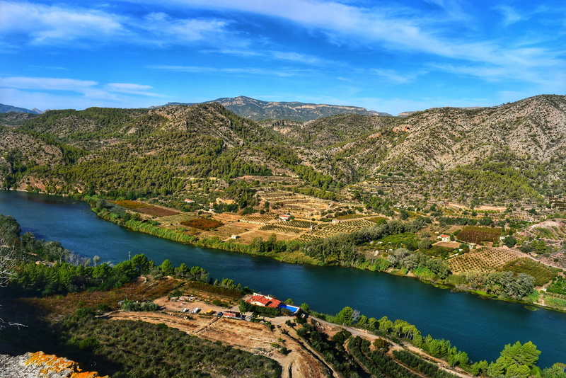 summer, island, blue, horizontal plane, tranquility, hill, no people, panoramic, spain, travel, scenic, nature, tourism, trees, cloud - sky, 4K, river