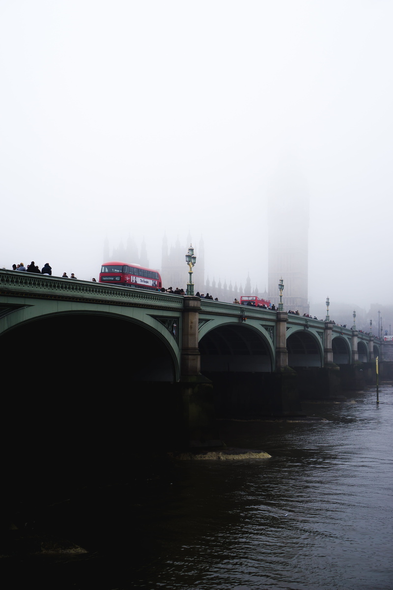 no people, london, city, sky, people, daylight, outdoors, fog, bus, built structure, transportation system, pollution, landscape, waterfront, 5K, urban