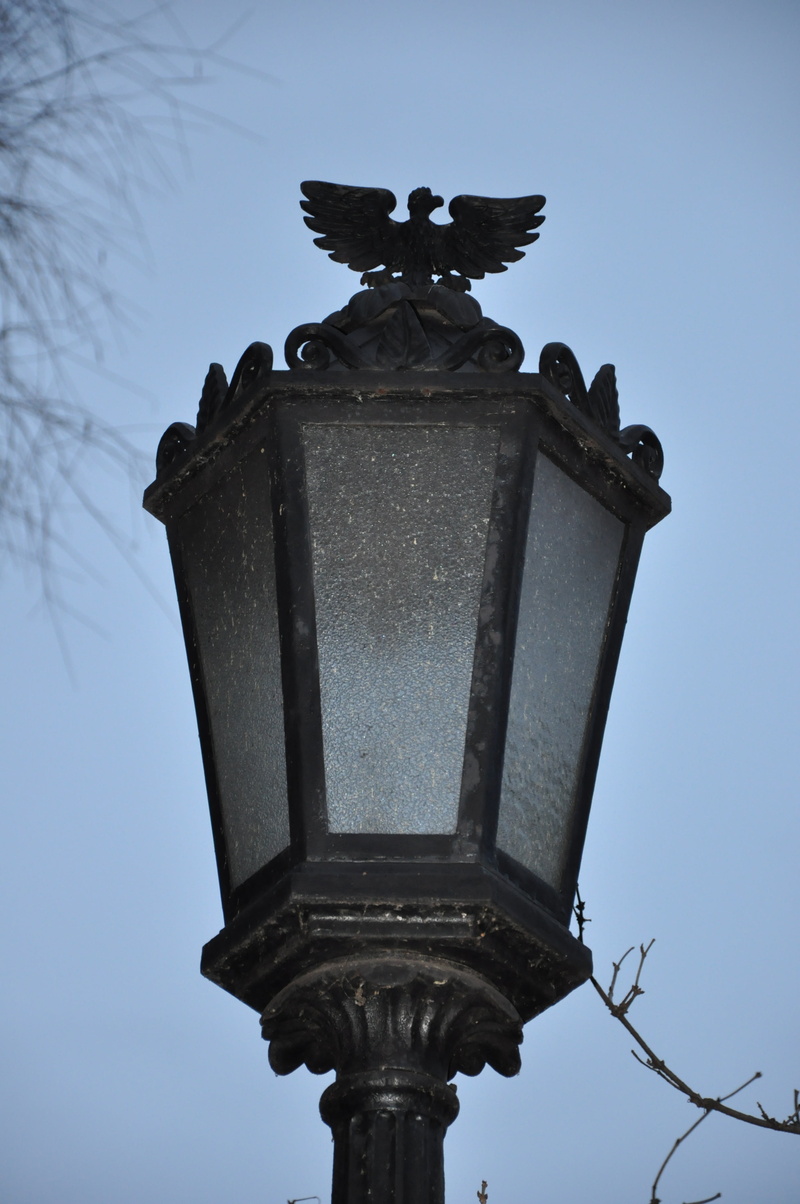 low angle view, nature, electric lamp, lantern, retro styled, street light, no people, sky, close-up, metal, focus on foreground, day, evening, outdoors