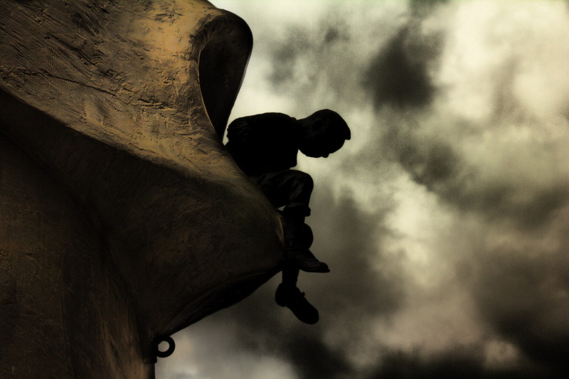 figure, nostalgia, thoughtfulness, day, overcast, sky, reverie, human representation, sadness, cloud - sky, man character, craft, statue, 5K, the figurine