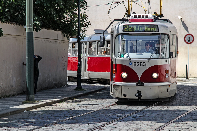 city street, red, nature, train - vehicle, cable car, transportation, 4K, building exterior, Tram, Public, no people, Prague, public personennahverkehr