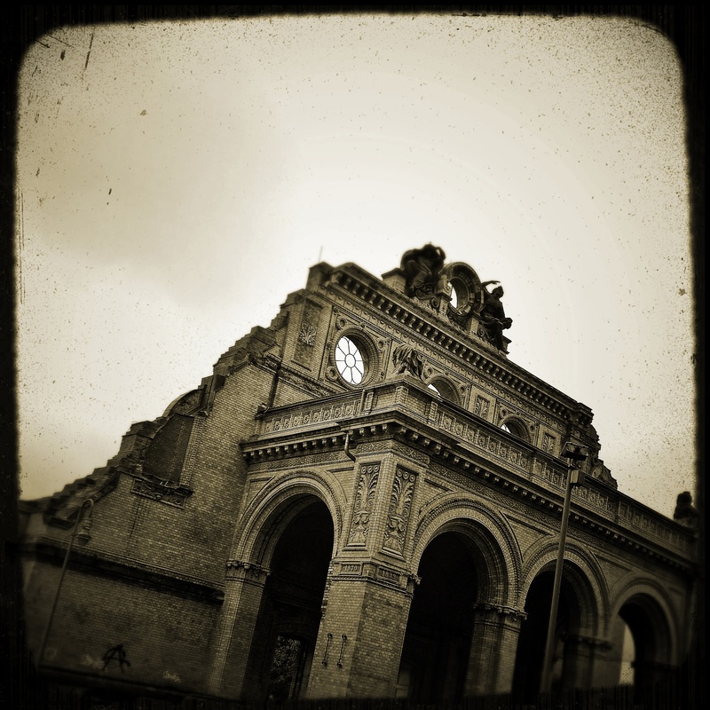 city, history, clear sky, building exterior, auto post production filter, low angle view, berlin, anhalter railway station, sky, train, railway station