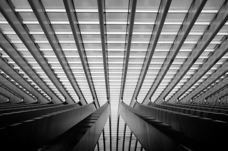bridge - man made structure, liège, day, office building exterior, Architecture, ceiling, light at the end of the tunnel, transportation, black white, lines
