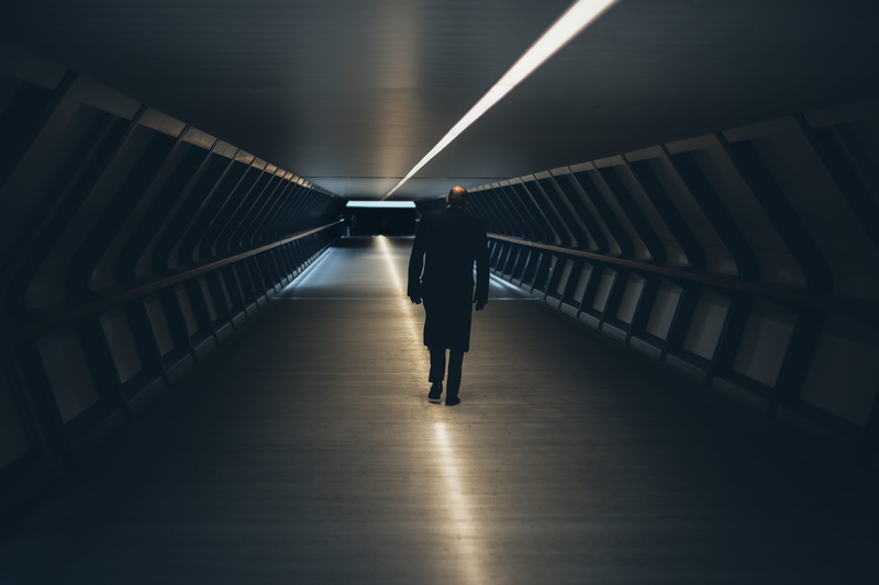 hallway, people, tunnel, male, 5K, long, lone ranger, night, corridor, indoors, sleeved, wall, man, illuminated, lighting equipment, underground walkway