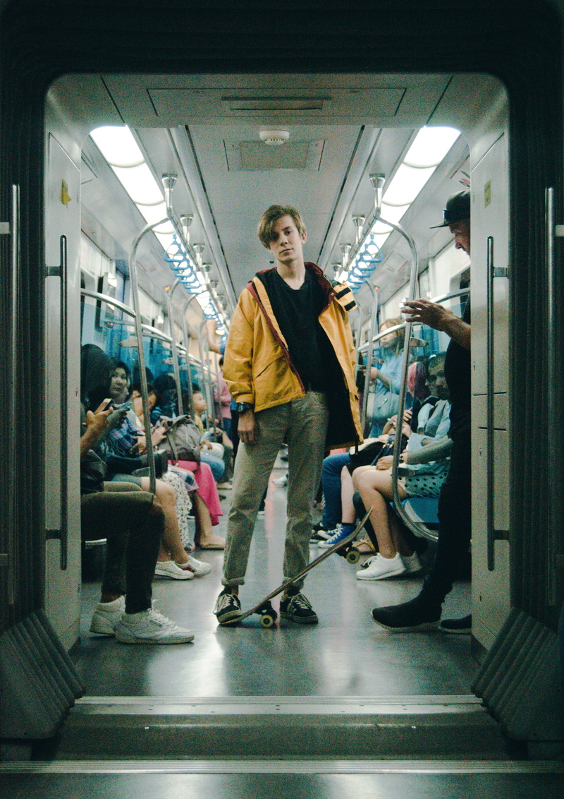 passenger, style, inside, young Adult, underground, travel, tourist, urban, person, fashion, looking, station, adult, lifestyles, journey, skater, board