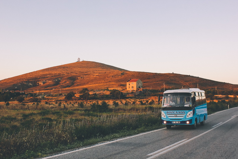 turkey, #island, #bozcaada, person, road, van, bozcaada, mode of transportation, #turkey, outdoors, sky, day, copy space, highway, tarmac, clear sky, bus