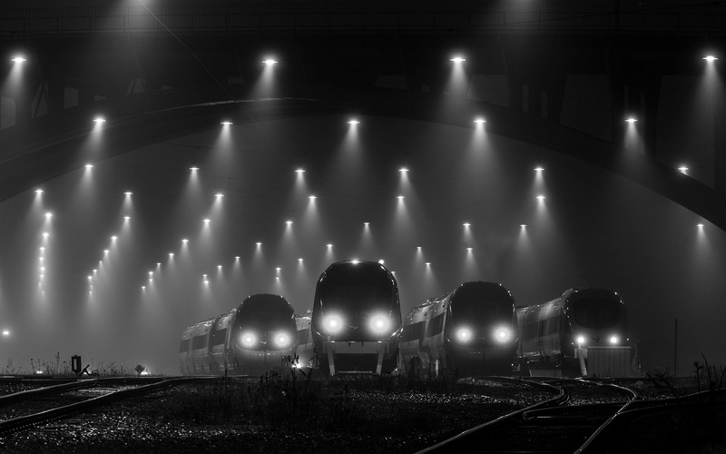 lights, technology, night, 1080P, mist, monochrome, railway, train station
