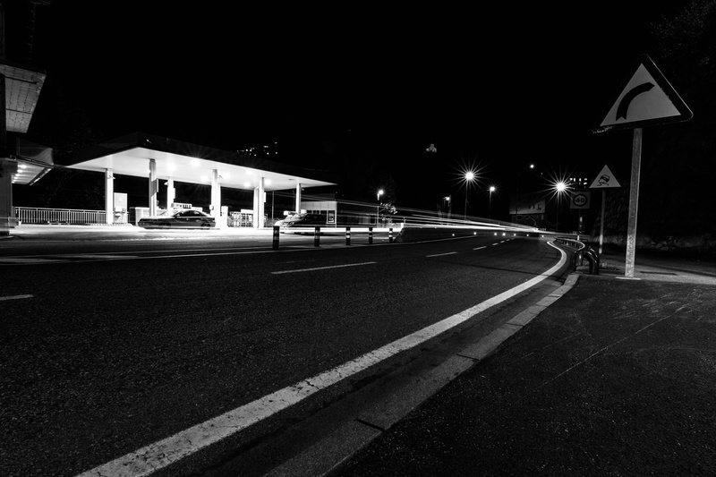 lighting equipment, car, road marking, light, traffic, long-exposure, night, city, architecture, outdoors, track, rail transportation, urban Scene, marking