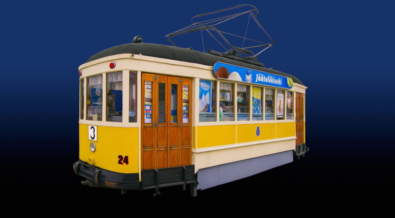 Artistic, sky, land vehicle, railroad track, school bus, public transportation, yellow, mode of transportation, rail transportation, Drawings, architecture