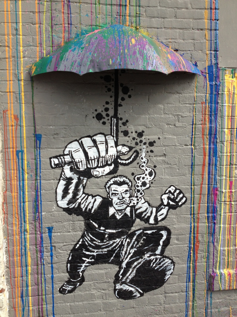 street art, built structure, art, pattern, multi colored, bus station, wall, graffiti, outdoors, mural, art and craft, creativity, 2K, paint, umbrella