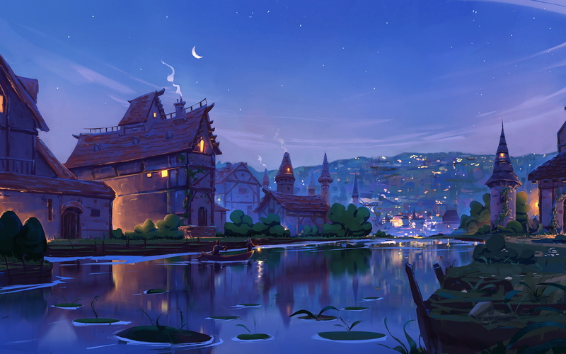 the light in the Windows, the evening, river, the city, month twilight, hill, boat, tower, Denis Istomin, 2K