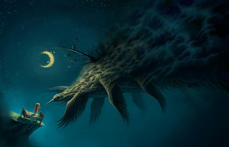 bed, month, stairs, moths, art, girl, monster, raven, night, bird, 1080P, wings