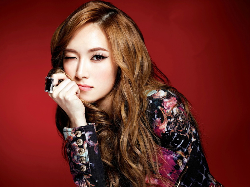 adult, looking at viewer, holding, fashion, young adult, indoors, red background, young women, long hair, Jessica Jung, beauty, studio shot, SNSD, wink
