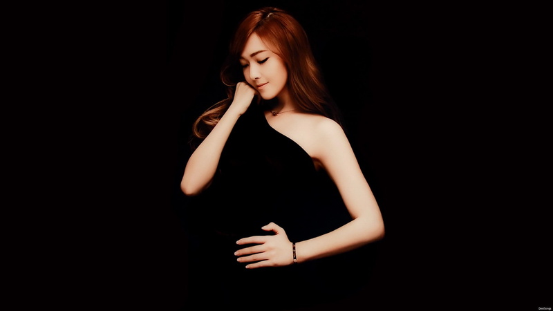 1080P, model  SNSD  long hair  looking away  singer  Asian  Korean  black background  wavy hair  women  redhead  musician  black dress  closed eyes  Girls