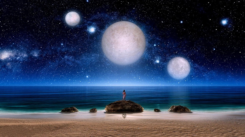 planet, fantasy, night sky, 1080P, sea, planets, sky, shore, starry, globe, stars, sand, night scene