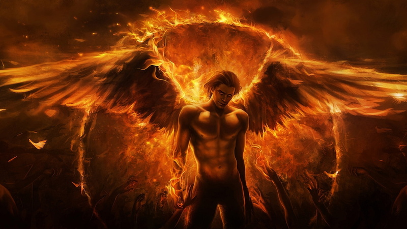 Angel, Black, Flame, Magic, 1080P, beside, topless, man, wings, sun, illustration