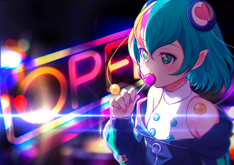 elf ears, Star Twinkle Precure, lens flare, anime girls eating, anime, eating, aqua eyes, short hair, anime girls, neon sign, city lights, Precure, aqua hair