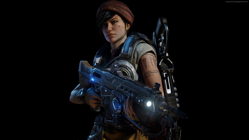 indoors, looking at camera, Gears of War 4, one person, studio shot, night, poster, waist up, government, young adult, standing, military, front view, Kait Diaz
