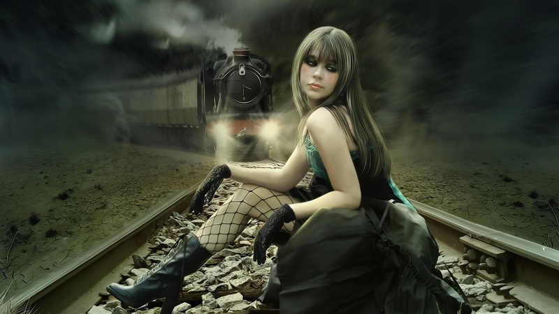 digital art, suicide, Motion Blur, Bare Shoulders, Fishnet Stockings, Lights, Steam Locomotive, Railway, sitting, Train, Blonde, Skirt, gloves, Long Hair