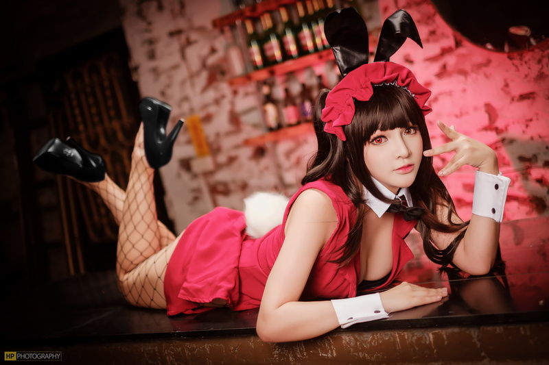 bunny girl, MiMi Chan, lying on front, heterochromia, indoors, high heels, women, brunette, Date A Live, Tokisaki Kurumi, 1080P, bar, dress, bow-tie, cosplay