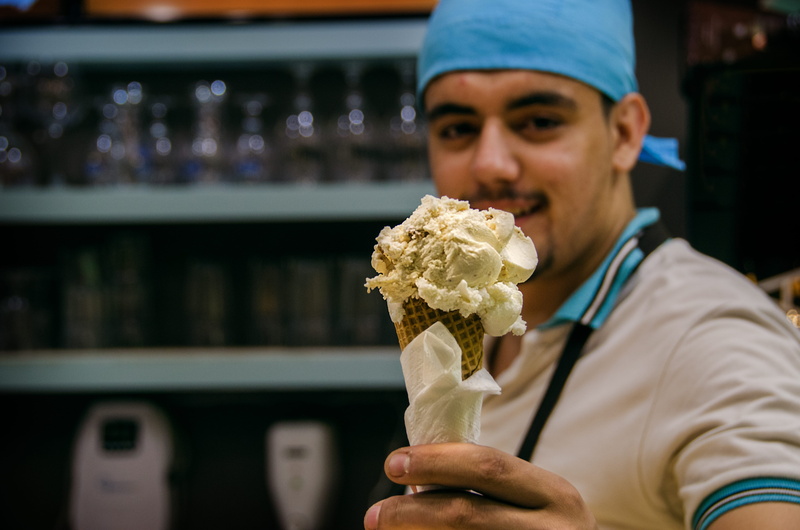 frozen food, looking at camera, snack, bar, cream, delicious, 4K, ice cream, blur, flavor, wear, shop, facial expression, sweet, smiling, street food