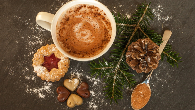 crockery, pine cone, 4K, mug, food and drink, coffee, directly above, Food, spice, coffee - drink, table, freshness, indoors, drink, coffee cup, temptation