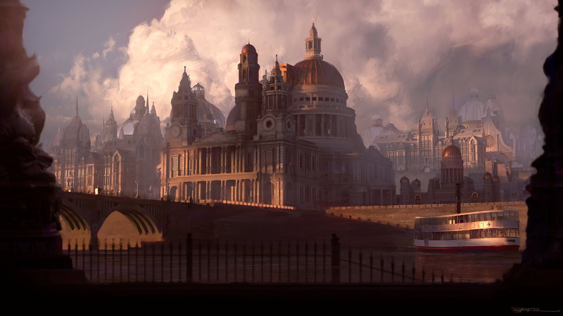4K, building, bridge, Pablo Carpio, ferry, city, clouds, sky, artwork, river