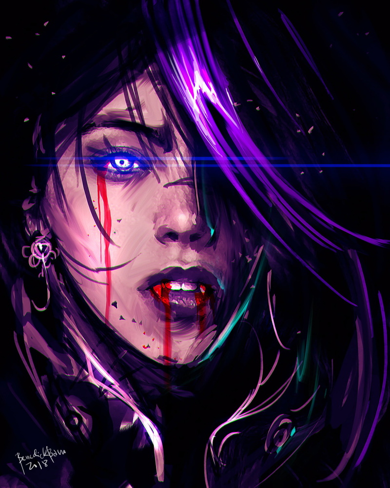 purple hair, artwork, digital art, vampires, vertical, drawing, original characters, 1080P