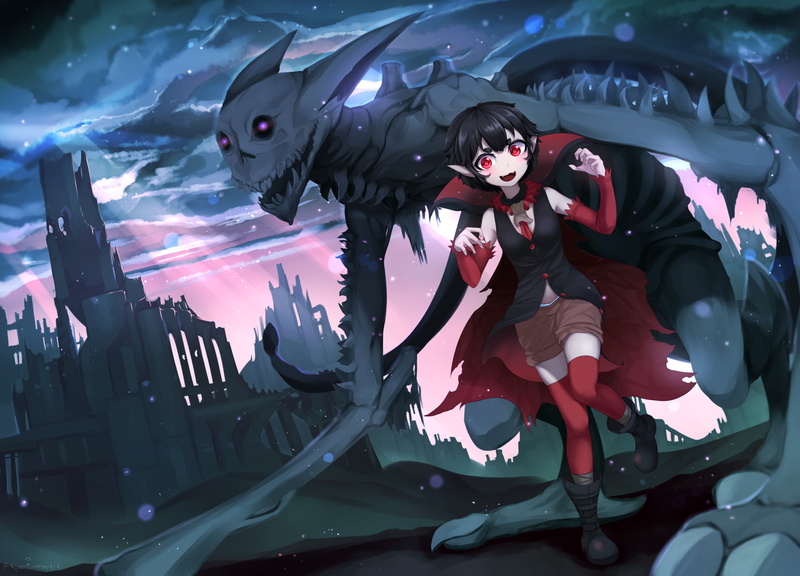 Girl, 1080P, Red Eyes, Black Hair, Monster, Anime, Original, Vampire
