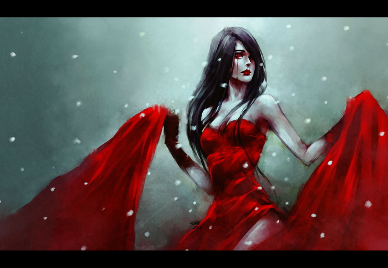 dress, eyes, original, nanfe, red, hair, black, dark, long, blood, 720P, gloves, vampire