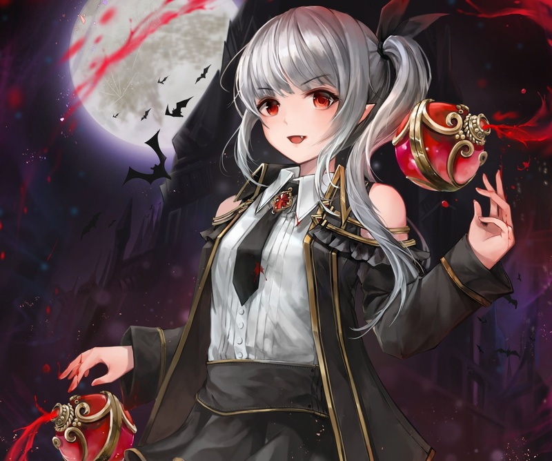 White Hair, Long Hair, Red Eyes, Original, Vampire, Bat, Anime, 1080P, Smile, Moon
