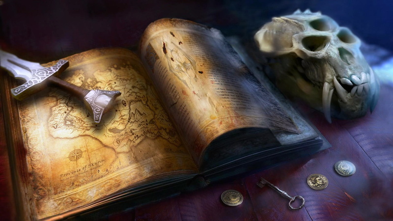 book, sake, Skirm Gear, digital art, weapon, game, key, Skyrim, coins, 1080P, dagger, map, artwork