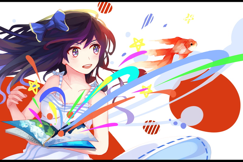 auto post production filter, girls, goldfish, front view, multi colored, colorful, anime, day, real people, transfer print, original characters, child