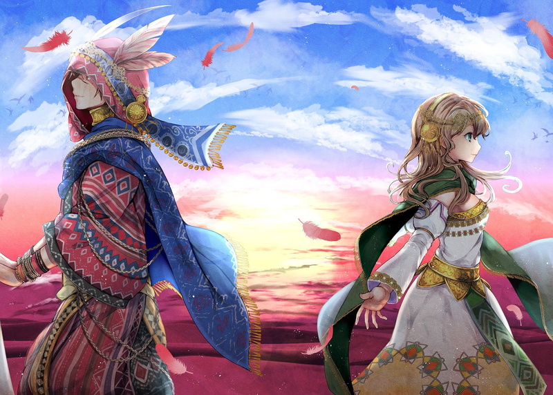 outdoors, carnival - celebration event, nature, anime girls, dancing, representation, day, traditional clothing, real people, costume, couple, cloud - sky