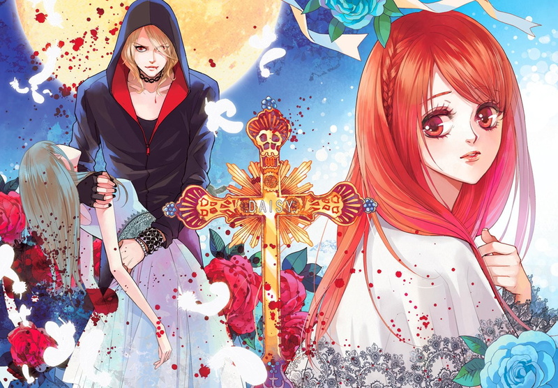 flower, girl, jacket, anime, 720P, gloves, beautiful, vampire, sleep, moon, original, feather, long, hair, red, group, petals
