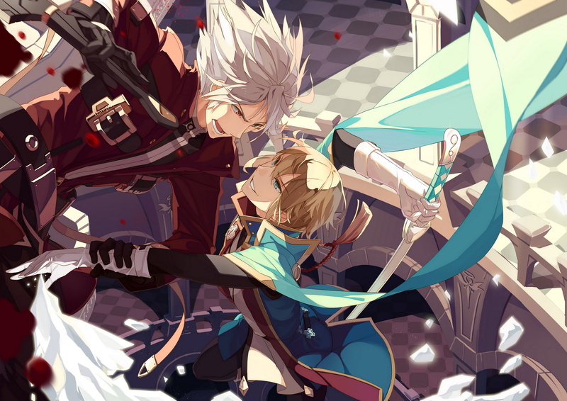 ragna, kisaragi, sword, 1080P, gray, blue, weapon, hair, blood, sherry, uniform, blazblue, gloves, jin, bloodedge, eyes, red, blonde