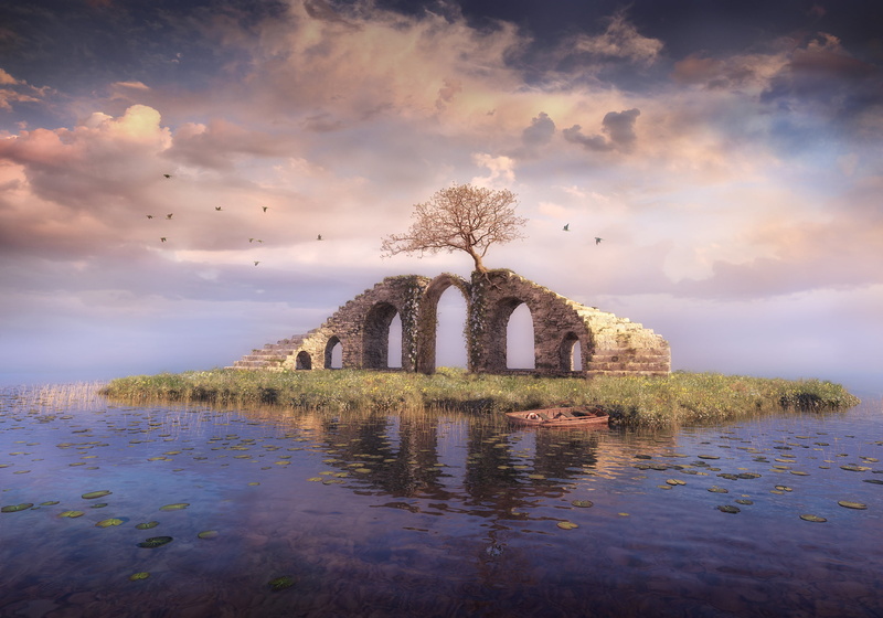 1080P, boat, tree, birds, ladder, stairs, Sherry Akrami, clouds, island