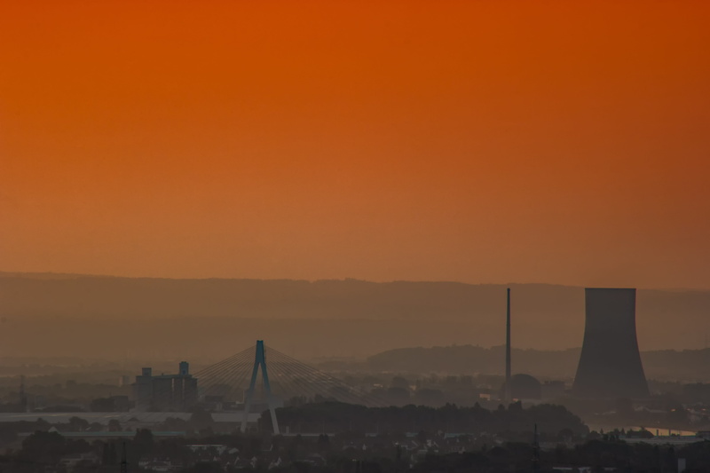 environment, orange color, high, city, horizon, pollution, summer, 5K, sunset, cooling tower, beauty in nature, copy space, industrial plant, silhouette