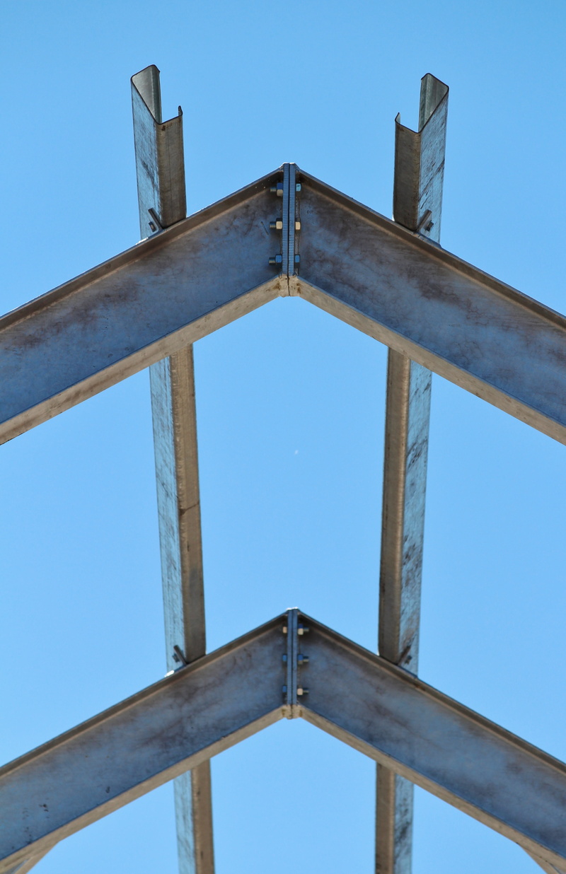 shape, outdoors, bridge - man made structure, low angle view, day, gland, clear sky, bridge, aluminium, girder, nature, blue, steel, no people, old, connection