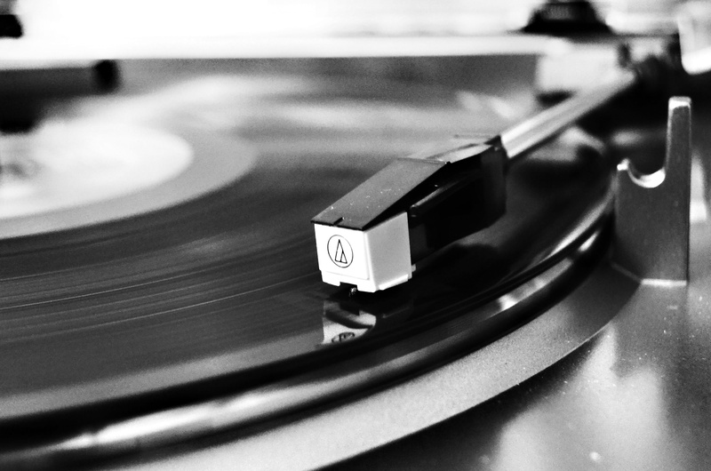 close-up, no people, monochrome, spinning, motion, turning, record, audio equipment, music, turntable, black-and-white, vinyl record, retro styled, record player