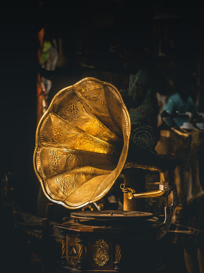 metal, indoors, closeup, still life, food and drink, antique, gramophone, large group of objects, photo, directly above, copper, gold colored, nature, close-up