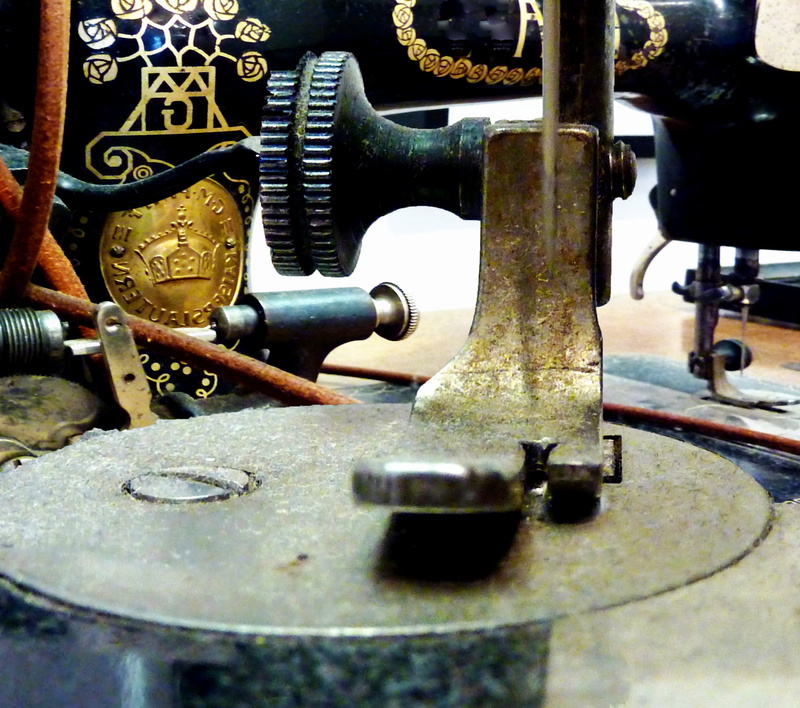 machinery, hand labor, foot, indoors, yarn, factory, close-up, bobbin, technology, metal, industry, sew, textile, day, rusty, craft, equipment, sewing machine