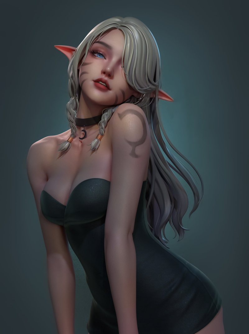 tattoo, CGI, simple background, 2K, women, braids, Ting Xue, elves, dress, blue eyes, green clothing, face paint