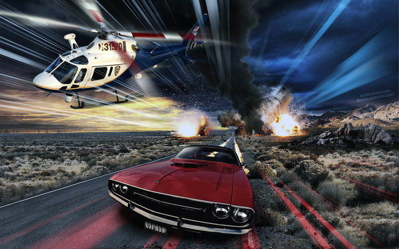 travel, blurred motion, Police Chase, road, car, sign, 1080P, mode of transportation, wheel, smoke - physical structure, Red Challenger, motor vehicle