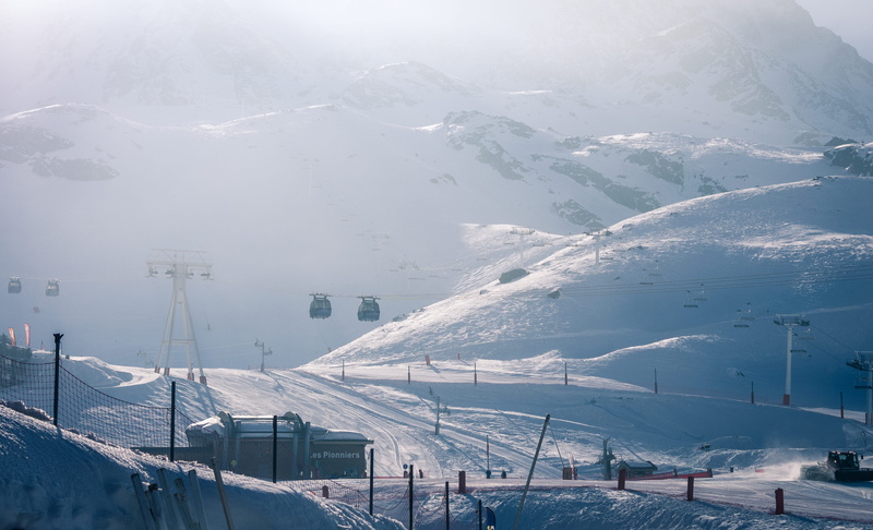 covering, landscape, mountains, winter, snow, mountain, slopes, morning, tranquility, ski resort, france, val thorens, travel, architecture, environment